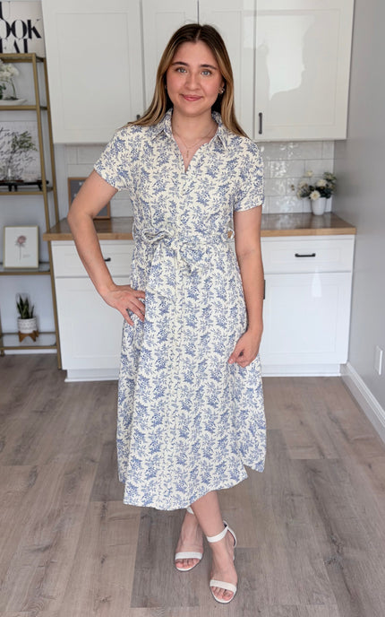 Valerie floral cotton shirt dress with rolled sleeves and self-tie waist belt