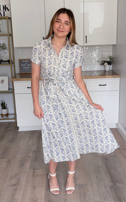 Valerie floral cotton shirt dress with rolled sleeves and self-tie waist belt