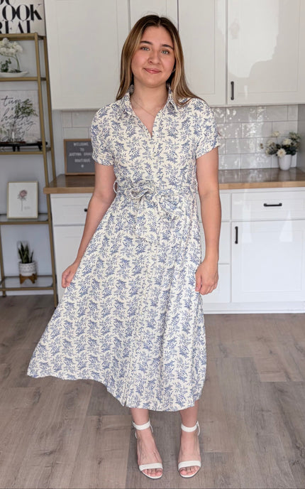 Valerie floral cotton shirt dress with rolled sleeves and self-tie waist belt
