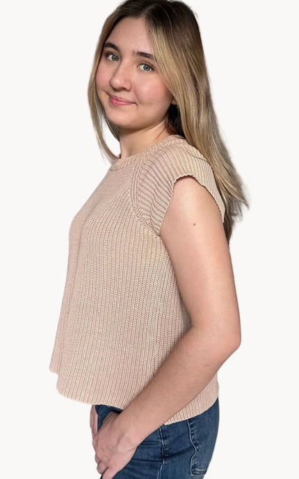 Side view of the everyday sweater tee highlighting short sweater sleeves and breathable cotton knit