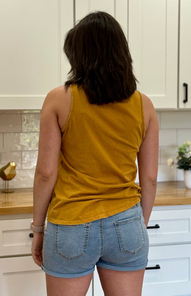 Back view of vintage-inspired 100% cotton mineral wash graphic tank