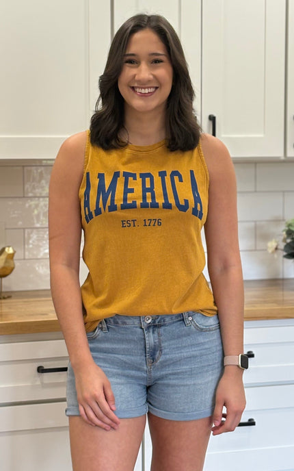 Vintage Americana cotton graphic tank with enzyme and mineral wash finish