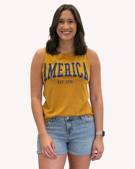 Mineral-wash vintage Americana tank with soft cotton fabric and screen-printed graphic design.