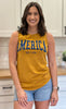 Mustard mineral-wash vintage Americana tank with soft cotton fabric and screen-printed graphic design.