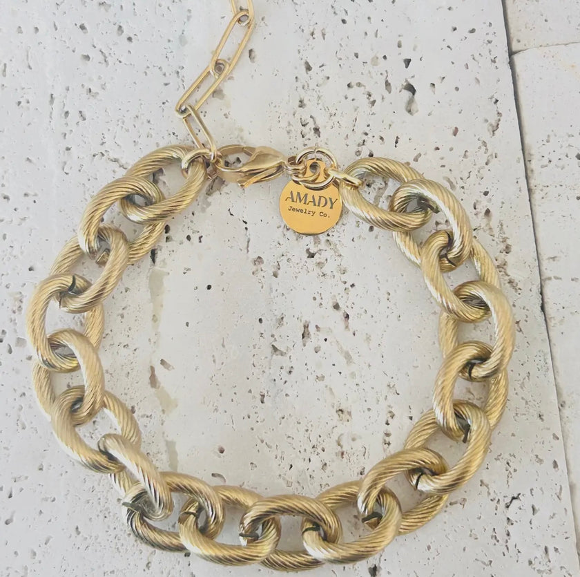Vintage Cable Link Bracelet — gold-plated stainless steel with chunky rope-textured links and toggle clasp from Justyna Grace Boutique.