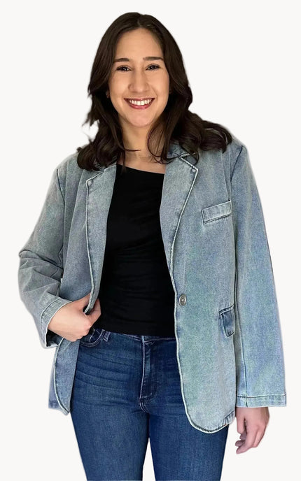 Oversized denim blazer with long sleeves and subtle shoulder pads