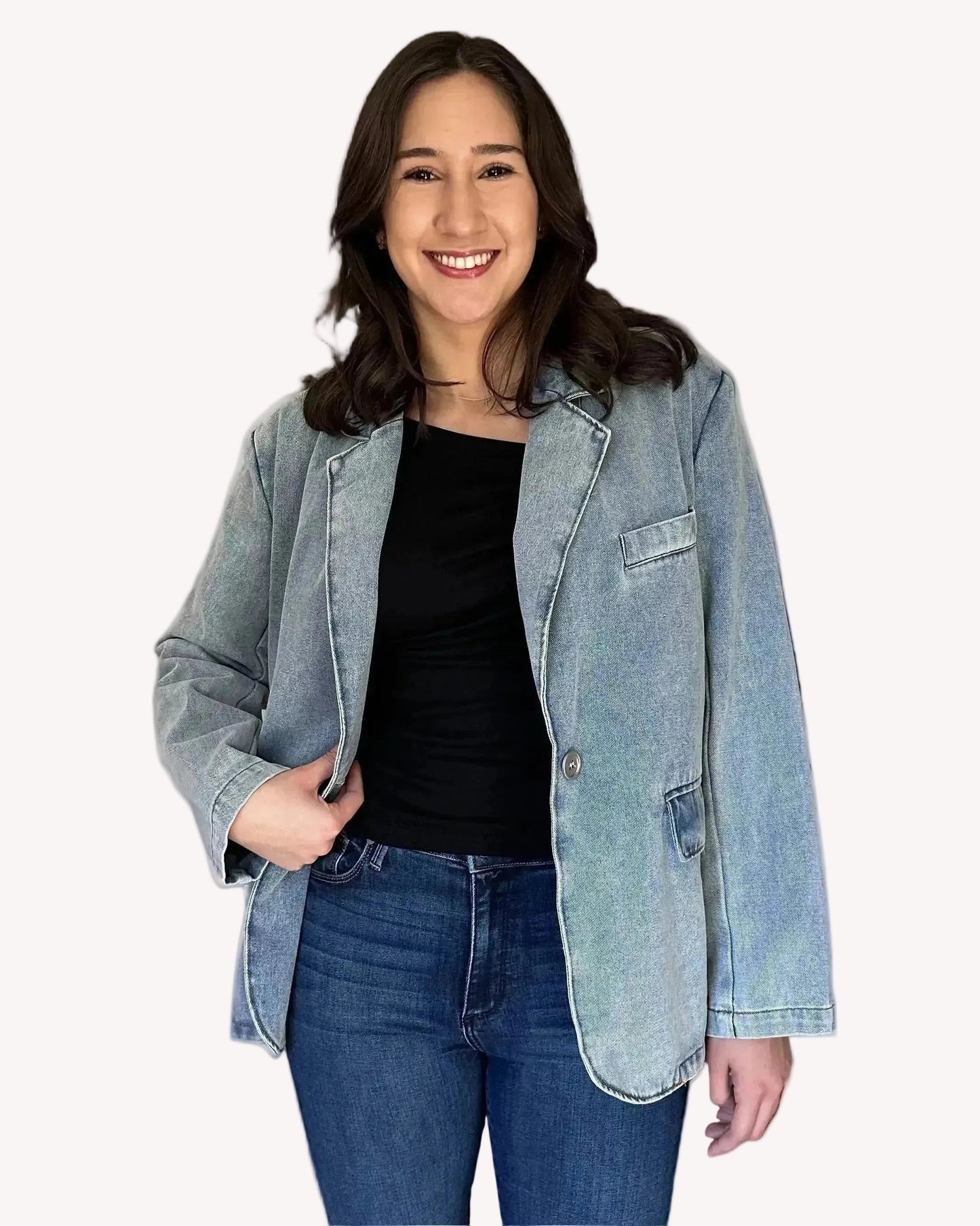 Oversized denim blazer with long sleeves and subtle shoulder pads