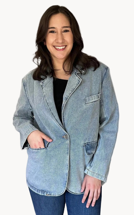Relaxed fit denim blazer with structured tailoring and washed finish