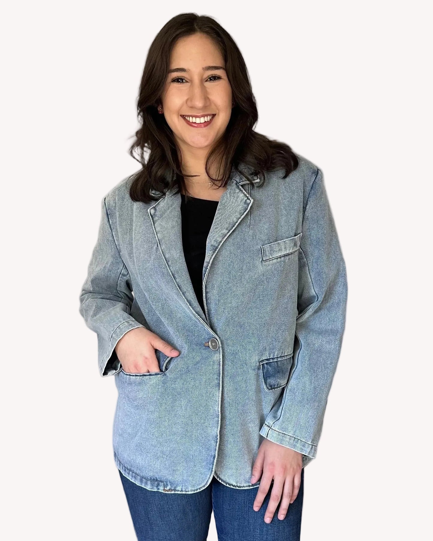 Relaxed fit denim blazer with structured tailoring and washed finish