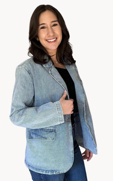 Oversized denim blazer with long sleeves and subtle shoulder pads