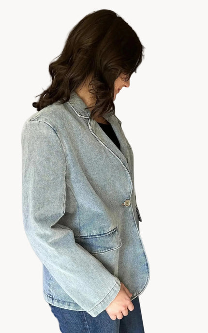 Relaxed fit denim blazer with structured tailoring and washed finish
