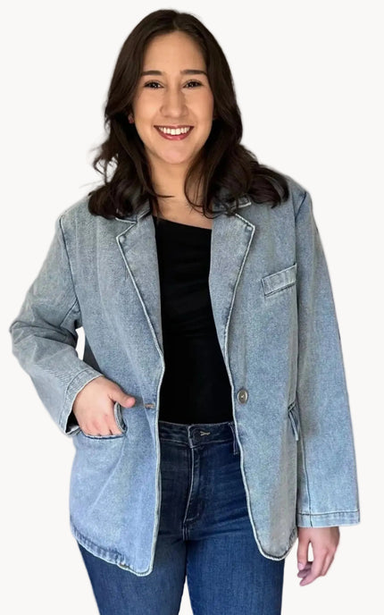Oversized washed denim blazer with notch lapels and single-button closure