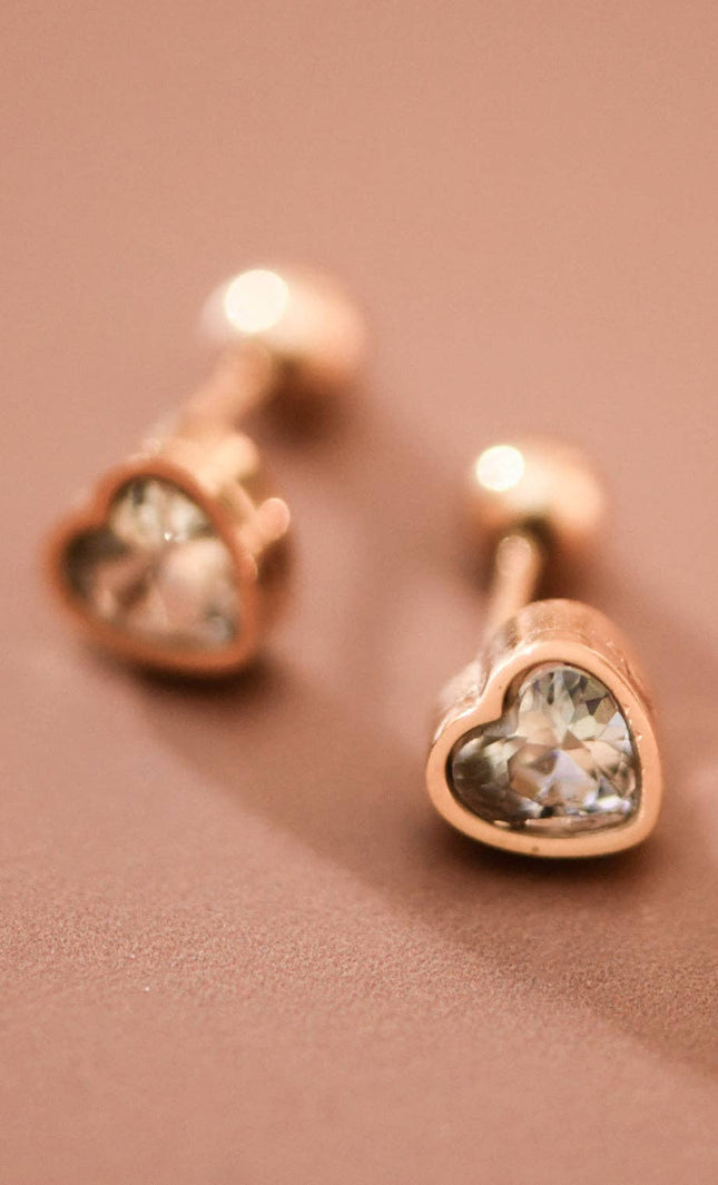 white crystal heart stud earrings in 18K gold plated stainless steel