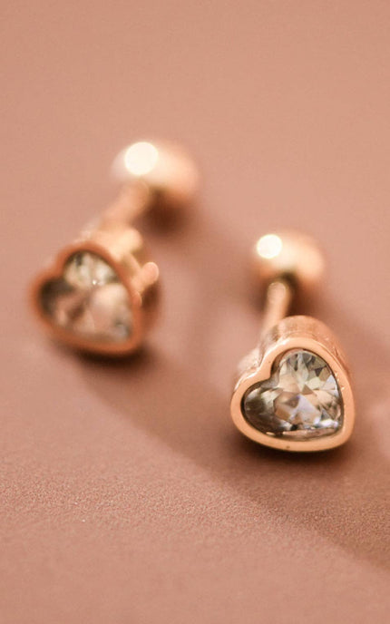 white crystal heart stud earrings in 18K gold plated stainless steel