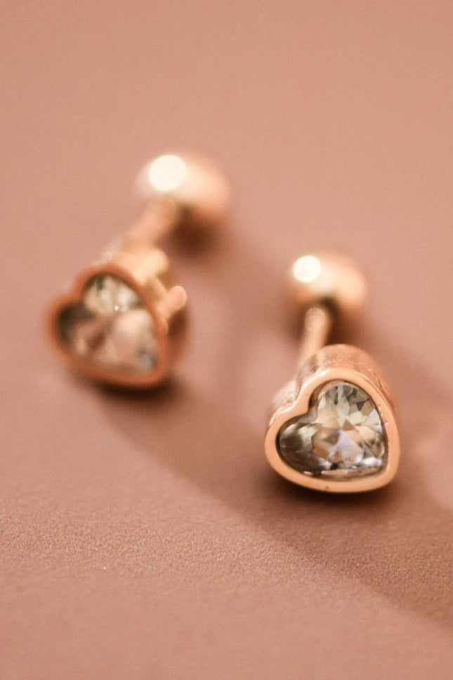 white crystal heart stud earrings in 18K gold plated stainless steel