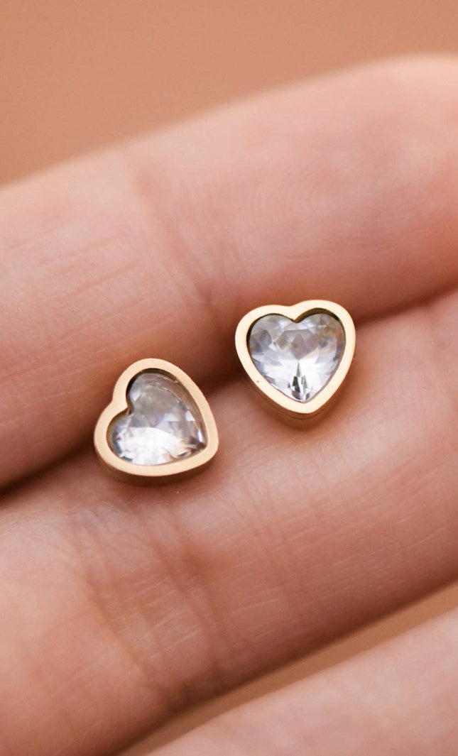 white crystal heart stud earrings in 18K gold plated stainless steel