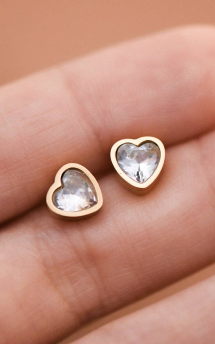 white crystal heart stud earrings in 18K gold plated stainless steel