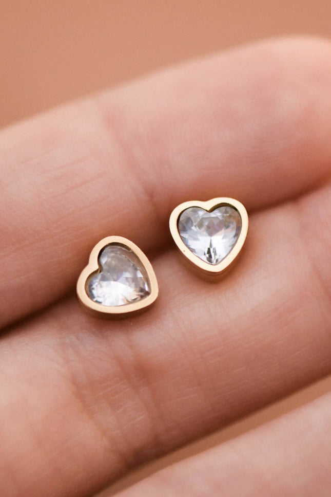 white crystal heart stud earrings in 18K gold plated stainless steel