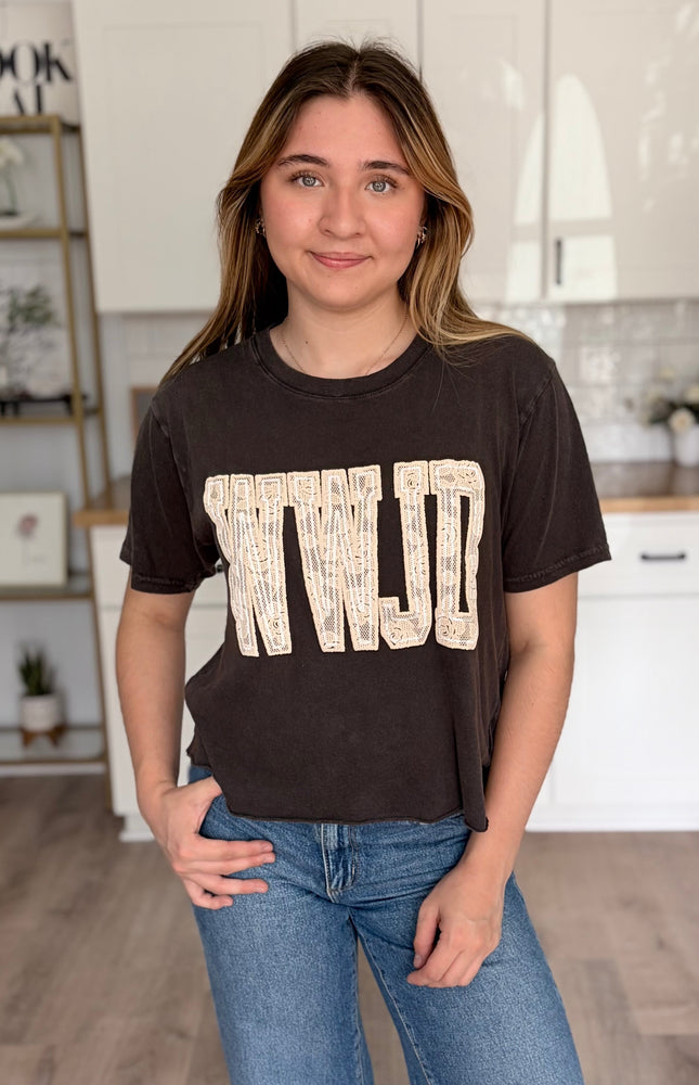 WWJD lace puff graphic cotton t-shirt with faux crop length