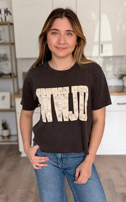 WWJD lace puff graphic cotton t-shirt with faux crop length