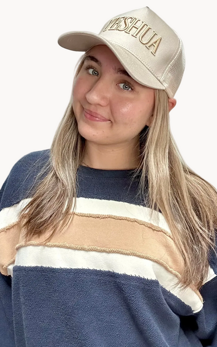 Yeshua puff embroidered hat in neutral tones, classic 5-panel cotton cap with raised lettering and snapback closure, photographed on a Soft Linen background for Justyna Grace Boutique.