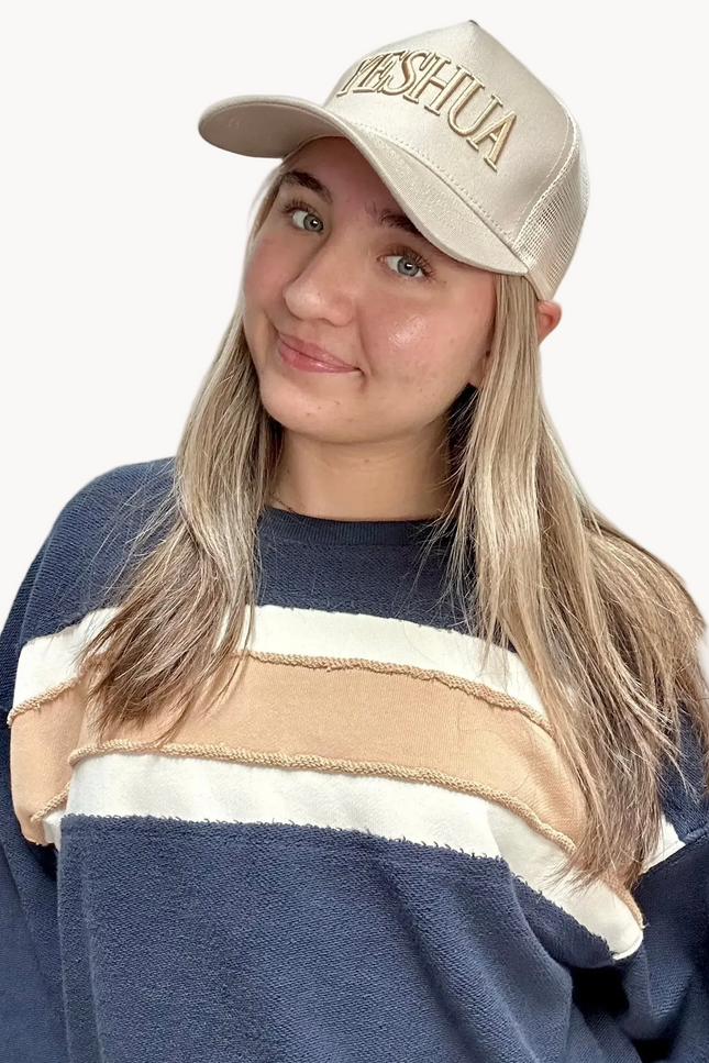 Yeshua puff embroidered hat in neutral tones, classic 5-panel cotton cap with raised lettering and snapback closure, photographed on a Soft Linen background for Justyna Grace Boutique.