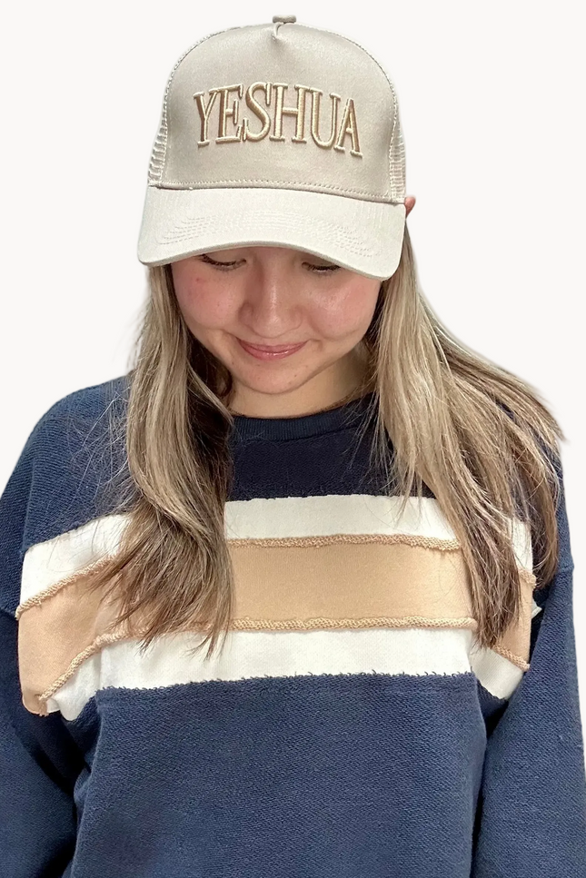 Yeshua puff embroidered hat in neutral tones, classic 5-panel cotton cap with raised lettering and snapback closure, photographed on a Soft Linen background for Justyna Grace Boutique.