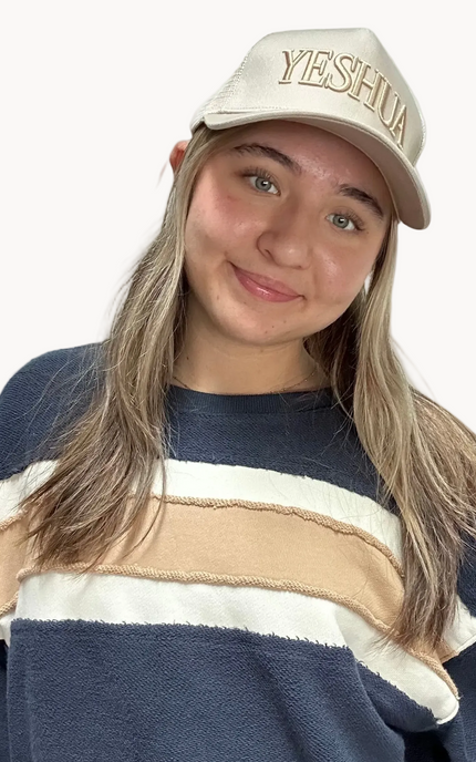 Yeshua puff embroidered hat in neutral tones, classic 5-panel cotton cap with raised lettering and snapback closure, photographed on a Soft Linen background for Justyna Grace Boutique.